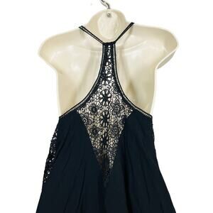 Solemio Lace Trim Mini Dress Tank Strappy Crochet Back Black - M
